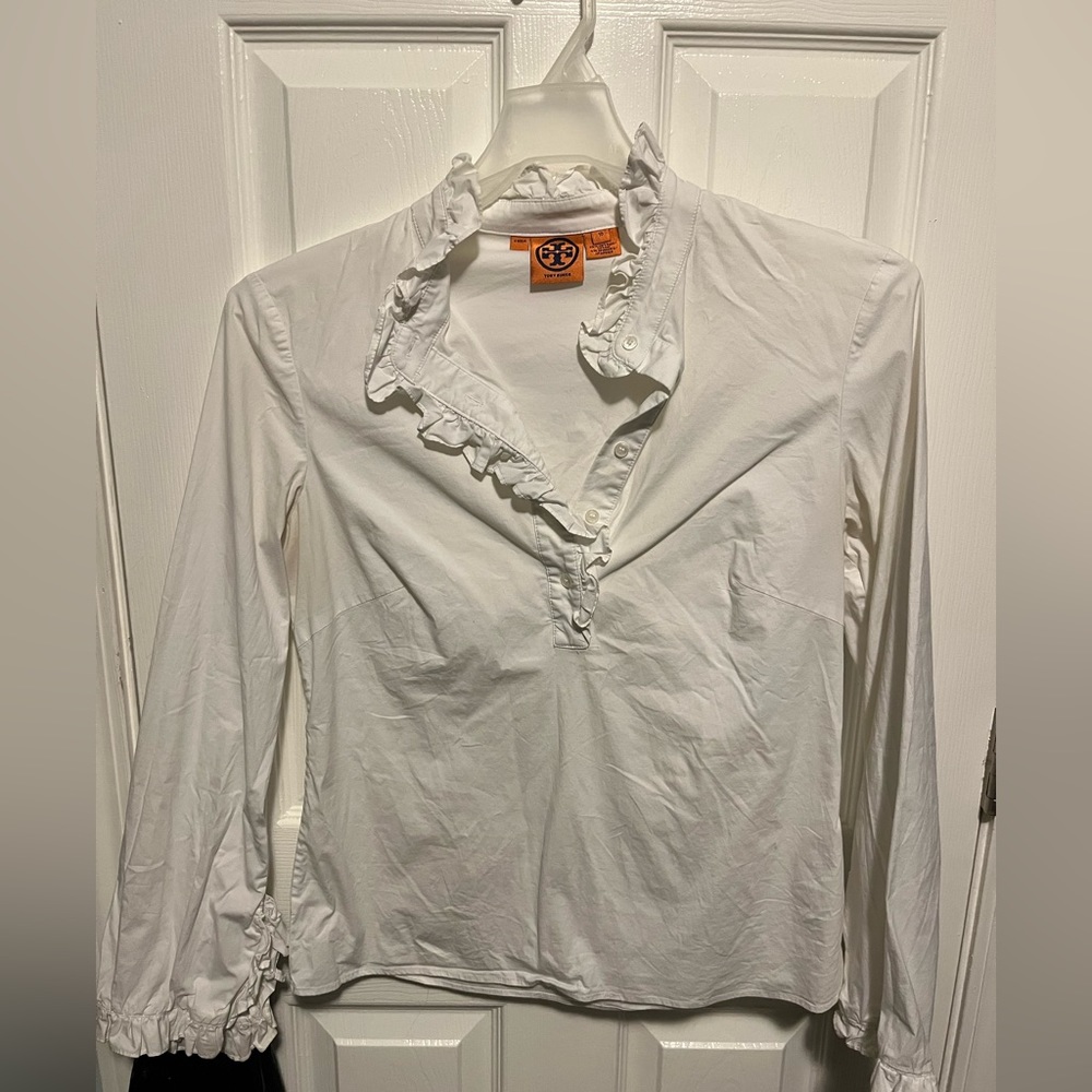 Tory Burch white ruffle blouse size 10